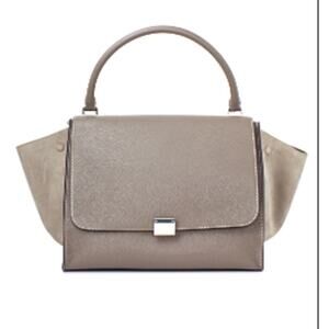 Celine Trapeze Souris Drummed Leather Top Handle Medium Flap Handbag Gray